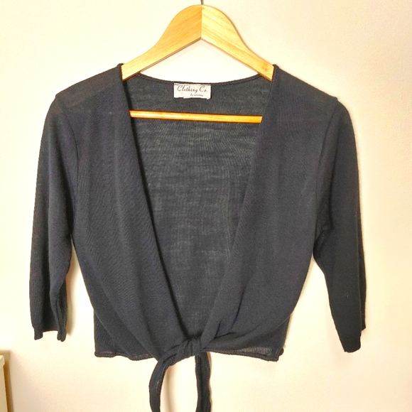 Black knit Shrug Cardigan 3/4 sleeve tie front crop sweater cardigan - Picture 1 of 5